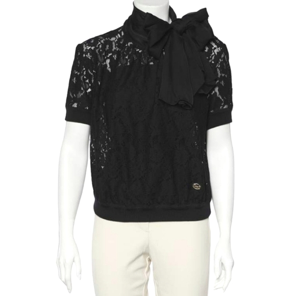 Dolce & Gabbana Tops - DOLCE & GABBANA Lace Blouse Bow Scarf Collar Tie Neck Black Short Sleeve Crop 44